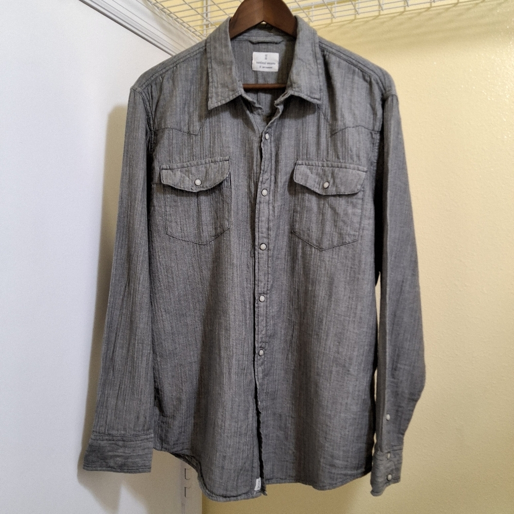 Men's‎ Gray Herringbone Pearl Snap Shirt w Long Sleeves - XL